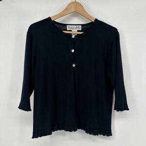 Vintage Victoria Holley 100% Silk Cardigan Womens L Black Feminine Ruffles